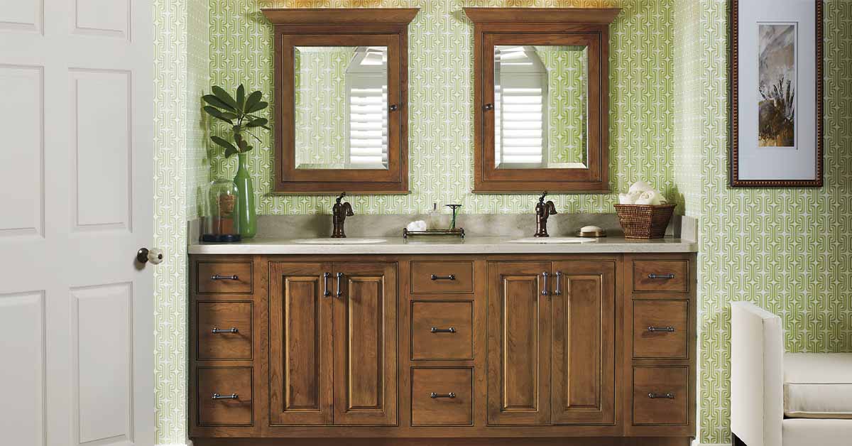 Lynville Double Bathroom Vanity Cherry Species with a Sage Staining and Onyx Glazing